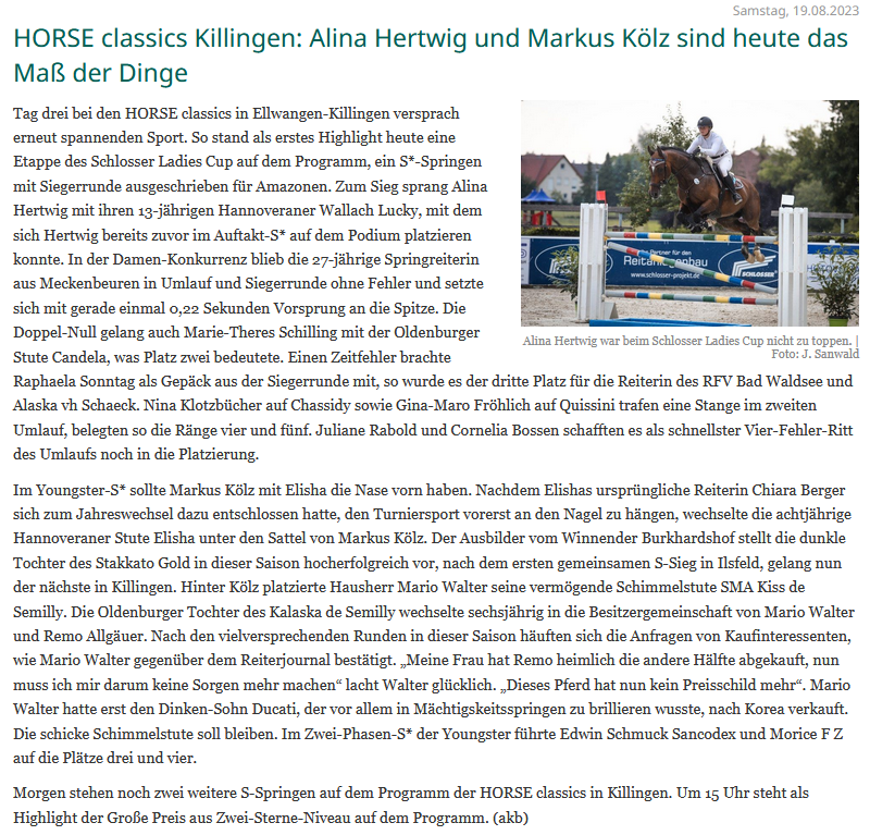 HORSE classics Killingen: Alina Hertwig und Markus Kölz sind heute das Maß der Dinge