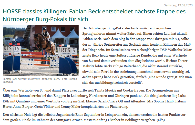 HORSE classics Killingen: Fabian Beck entscheidet nächte Etappe des Nürnberger Burg – Pokals für sich